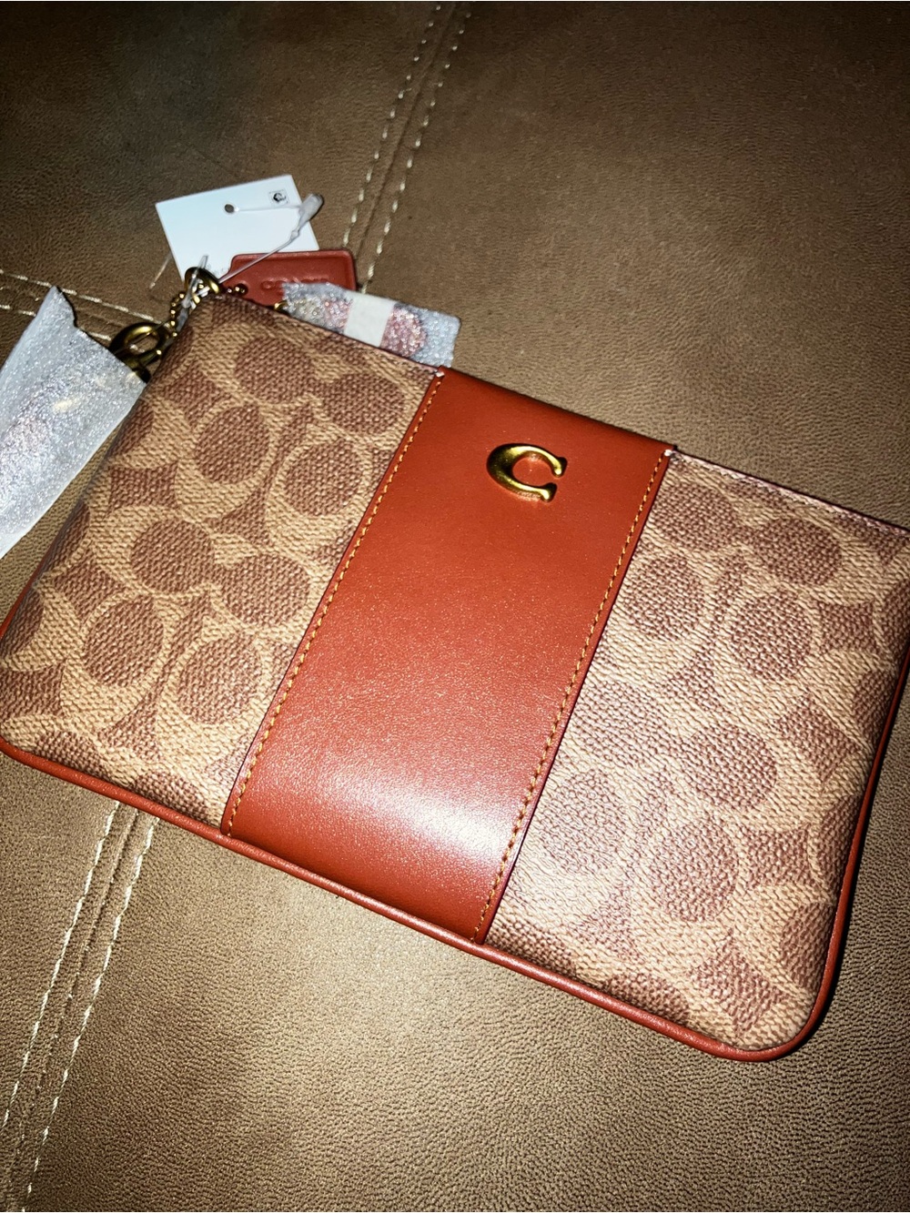 Coach Tan & Rust Signature Canvas Wristlet